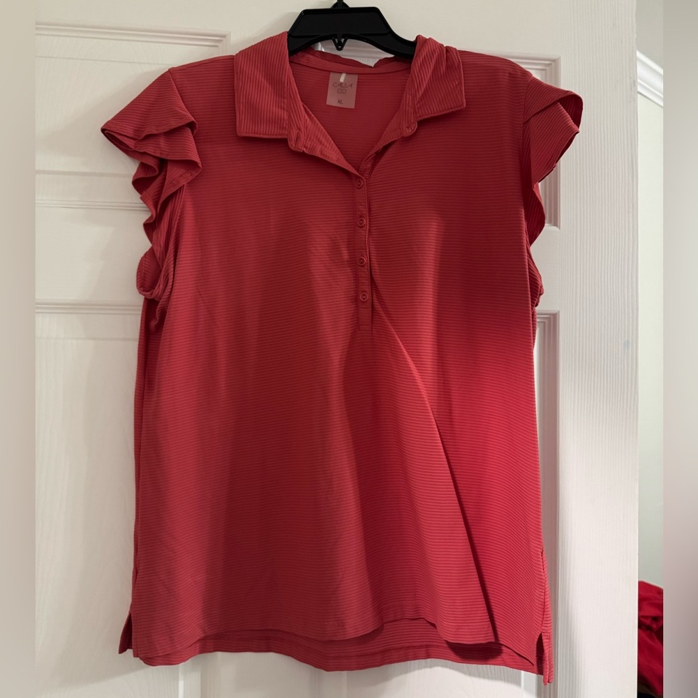 Women's Coral Ruffled Sleeve Golf Top